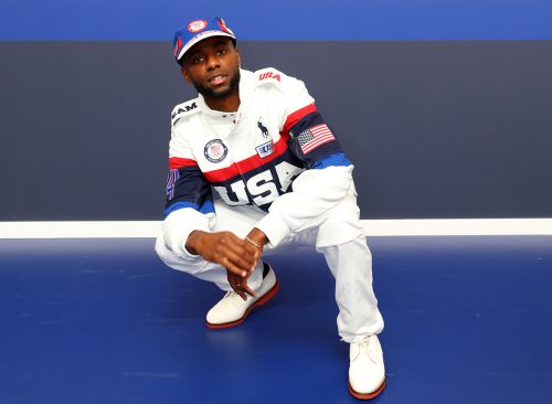 Jeffrey Louis tries on clothes during Team USA Welcome Experience ahead of Paris 2024 Summer Olympics at Polo Ralph Lauren on July 21, 2024 in Paris, France.
