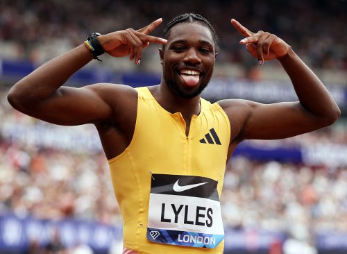 Noah Lyles of the United States celebrates winning the mens 100m final during the London Athletics Meet, part of the 2024 Diamond League at London Stadium on July 20, 2024 in London, England. 