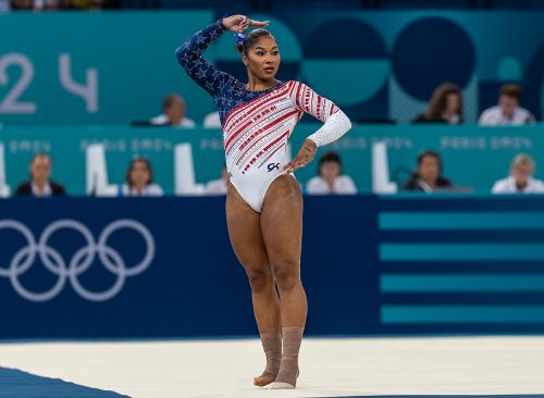 Jordan Chiles of the United States performs her floor routine during the Artistic Gymnastics Team Final for Women at the Bercy Arena during the Paris 2024 Summer Olympic Games on July 30th, 2024, in Paris, France.