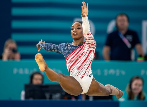 Simone Biles of the United States performs her floor routine during the Artistic Gymnastics Team Final for Women at the Bercy Arena during the Paris 2024 Summer Olympic Games on July 30th, 2024 in Paris, France.