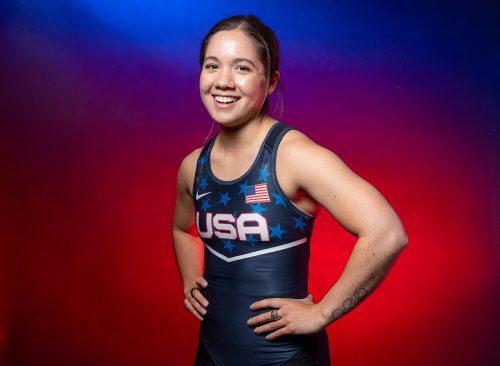 Weightlifter Jourdan Delacruz poses for a portrait during the 2024 Team USA Media Summit at Marriott Marquis Hotel on April 16, 2024 in New York City. 