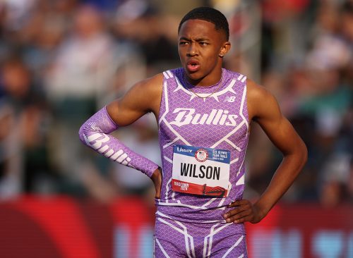  Quincy Wilson looks on after competing in the men's 400 meter semi-final on Day Three 2024 U.S. Olympic Team Trials Track & Field at Hayward Field on June 23, 2024 in Eugene, Oregon. 