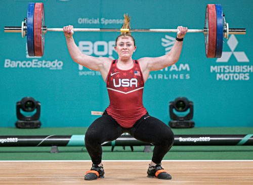 US Olivia Reeves competes in the women's 81kg weightlifting snatch event of the Pan American Games Santiago 2023, at the Chimkowe Gymnasium in Santiago on October 23, 2023.
