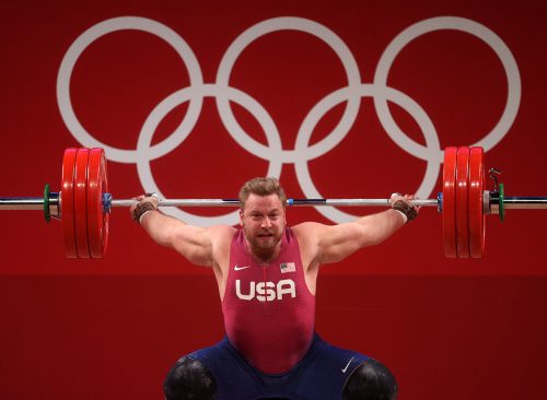 Wesley Brian Kitts of Team United States competes during the Weightlifting - Men's 109kg Group A on day eleven of the Tokyo 2020 Olympic Games at Tokyo International Forum on August 03, 2021 in Tokyo, Japan.