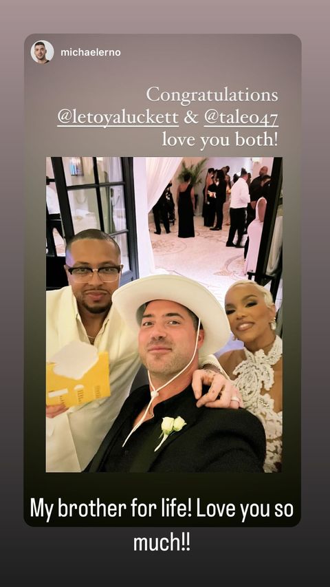 (L-R) Taleo Coles, Michael Erno, and LaToya Luckett, at LaToya and Taleo's wedding in 2024