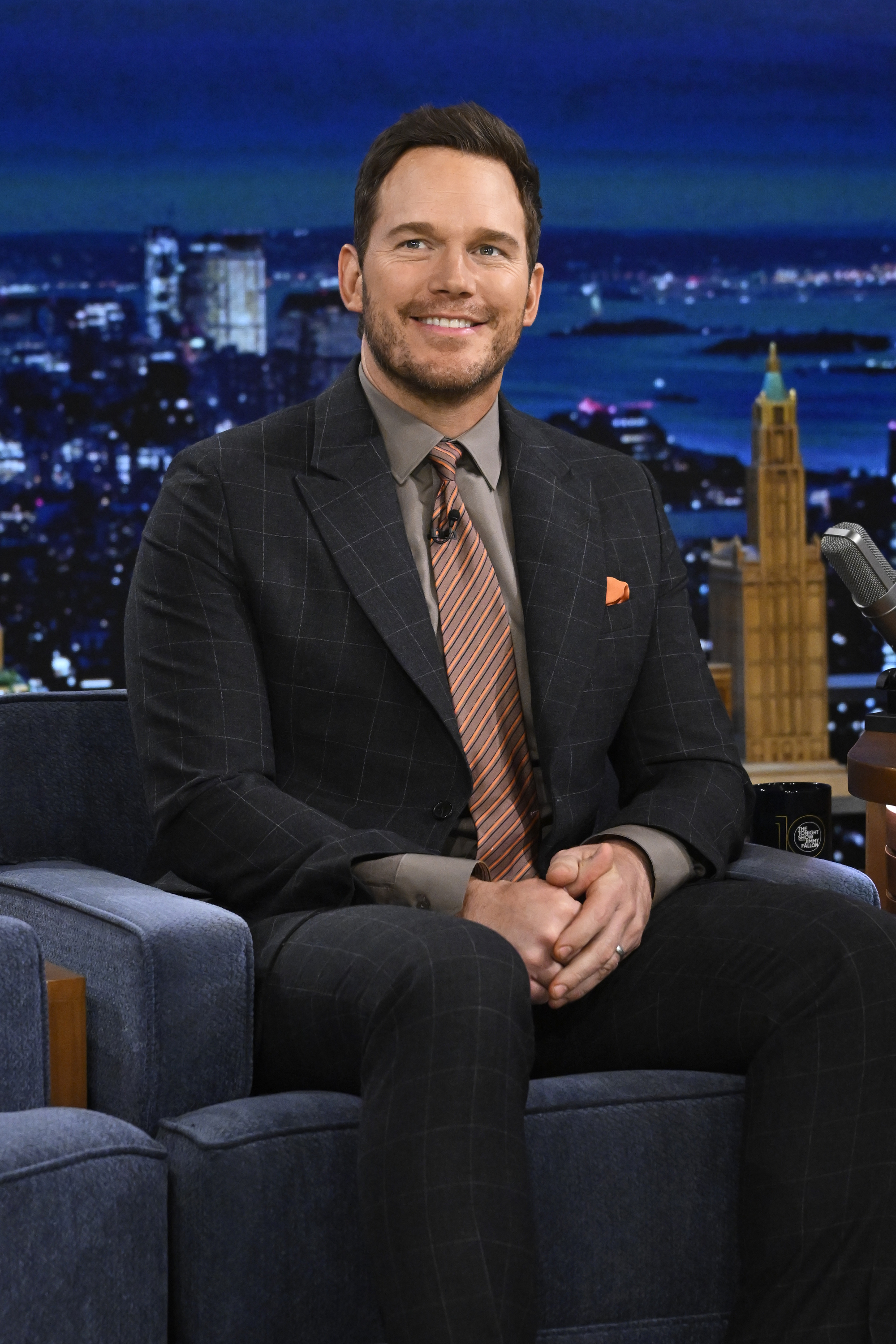 Actor Chris Pratt smiles during an interview on The Tonight Show Starring Jimmy Fallon on May 23
