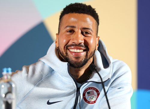 Miles Chamley-Watson of Team United States responds to questions during the Team United States Fencing team press conference ahead of the Paris 2024 Olympic Games on July 24, 2024 in Paris, France. 