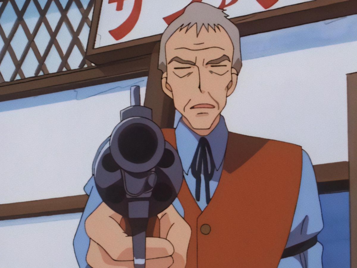 An elderly anime man in a brown sleeveless jacket pointing a revolver at the screen in Pokémon.