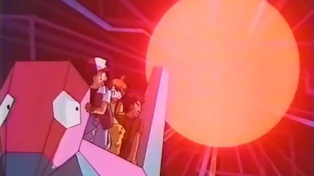 A group of anime characters on the back of a pink creature looking at a bright explosion in Pokémon.