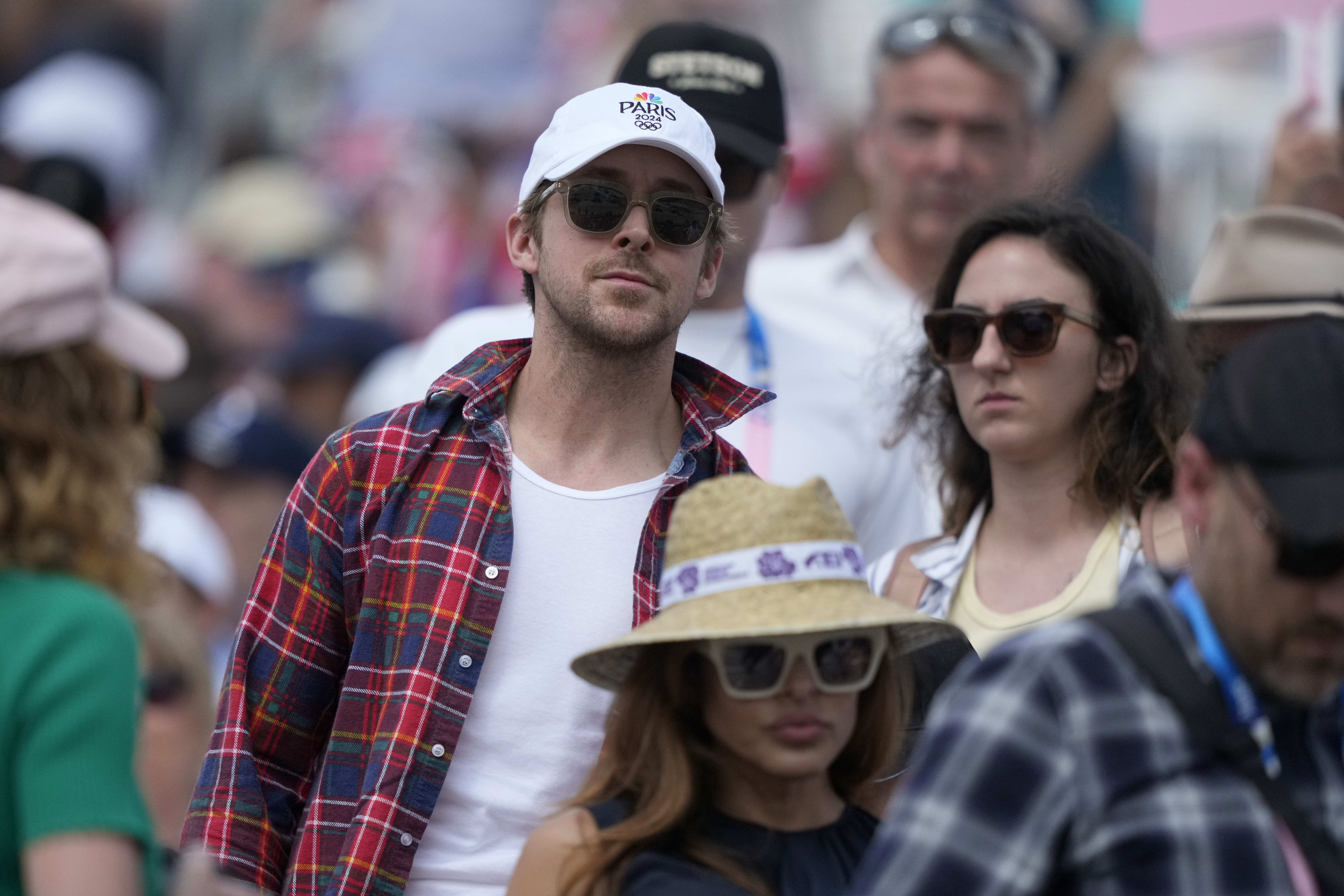 Ryan Gosling and Eva Mendes at the dressage Individual Grand Prix Freestyle at the 2024 Summer Olympics