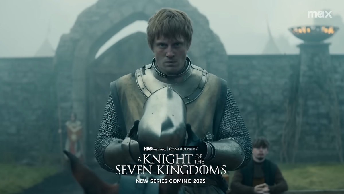 Ser Duncan on horseback starts to put his helmet on A Knight of the Seven Kingdoms
