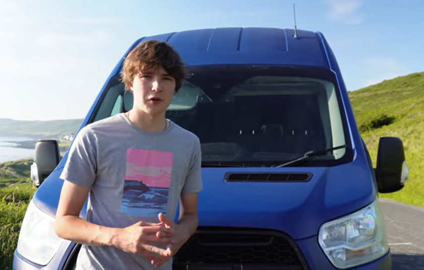 The second-hand bright blue Ford Transit is now fully furnished