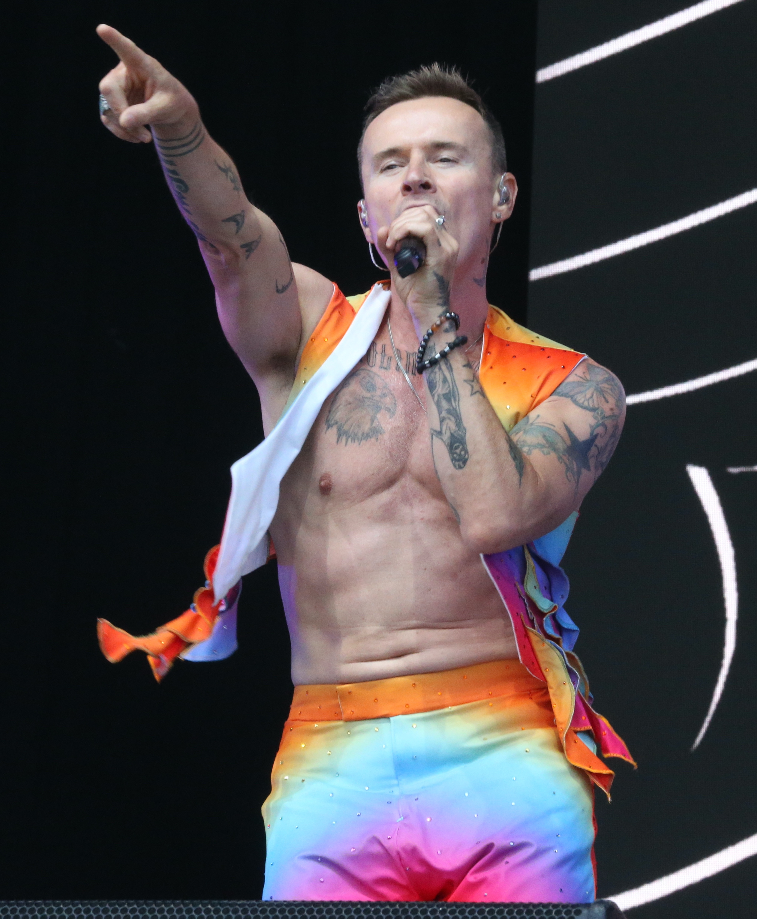 S Club's Jon Lee wore this multi-coloured outfit during a performance at Brighton Pride on Sunday