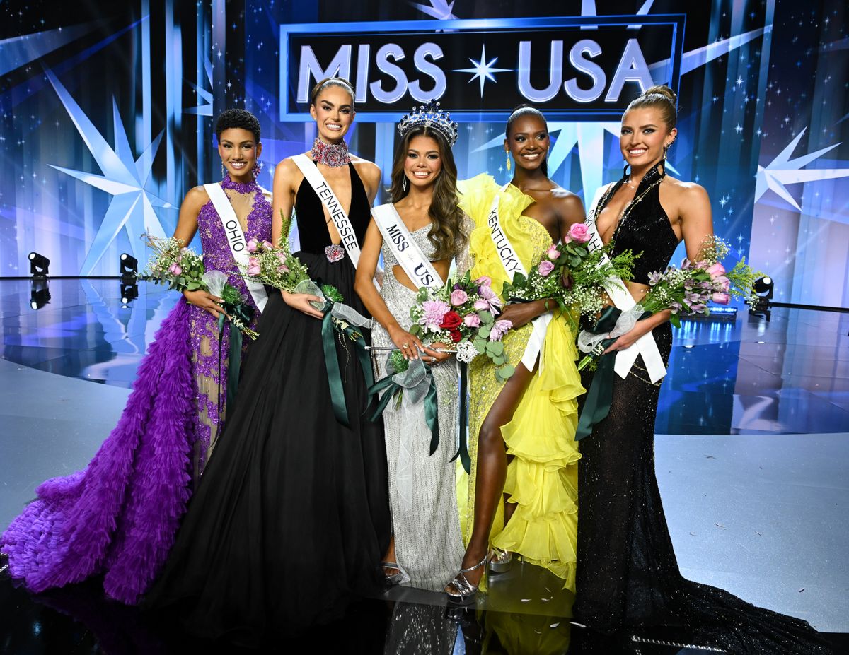 Macy Hudson, Miss Ohio USA, Christell Foote, Miss Tennessee USA, Alma Cooper, Miss Michigan USA-winner of Miss USA 2024, Connor Perry, Miss Kentucky USA and Danika Christopherson, Miss Oklahoma USA at the 73rd annual Miss USA Pageant at Peacock Theater on August 4, 2024 in Los Angeles, California.  (Photo by Gilbert Flores/Variety via Getty Images)