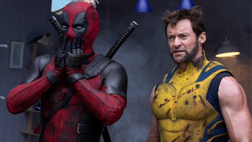 Deadpool (Ryan Reynolds) is in shock alongside Logan (Hugh Jackman) in a scene from Deadpool & Wolverine. For Disney+ and hulu price increase article.
