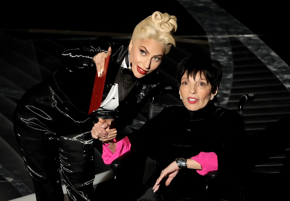 Lady Gaga and Liza Minnelli together on stage at the 2022 Oscar Awards