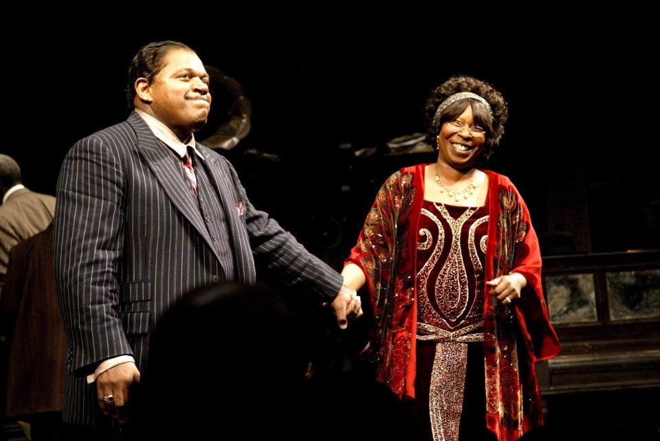 Charles Dutton and Whoopi Goldberg take their opening night curtain call for Ma Rainey’s Black Bottom on February 6, 2003, in New York City