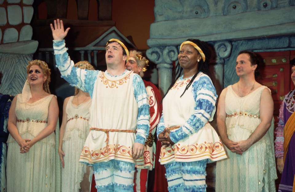 Nathan Lane and Whoopi Goldberg take a bow on stage after a performance of A Funny Thing Happened on the Way to the Forum in 1995