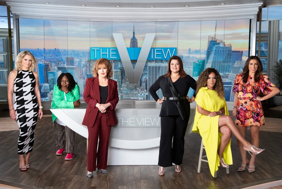 The View hosts Sara Haines, Whoopi Goldberg, Joy Behar, Ana Navarro, Sunny Hostin, and Alyssa Farah pose for a promotional photo