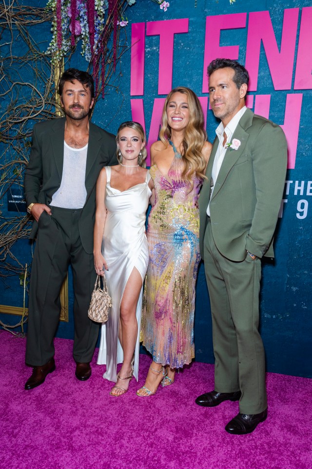 Brandon Sklenar, Julia Schlaepfer, Blake Lively, and her husband, Ryan Reynolds, at  the It Ends With Us New York Premiere on August 06, 2024, in New York City, without Justin Baldoni