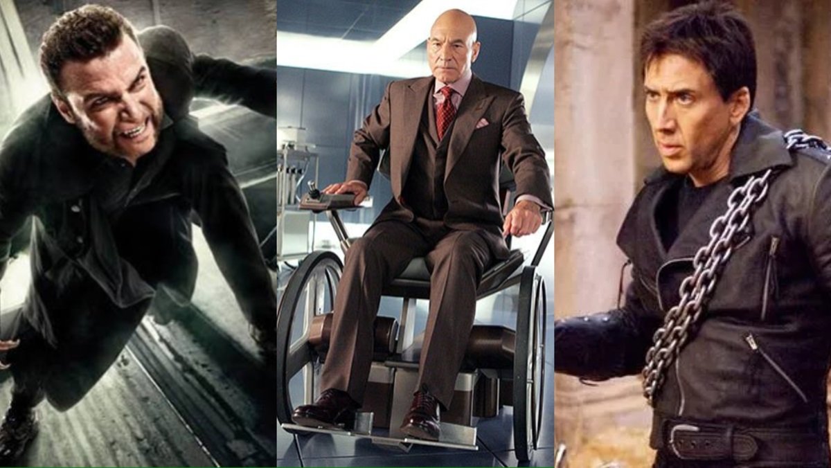 Liev Schrieber as Sabretooth, Patrick Stewart as Charles Xavier, and Nic Cage as Ghost Rider.