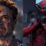 split image of a shocked deadpool in film with wolverine and tony stark at the snap moment