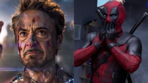 split image of a shocked deadpool in film with wolverine and tony stark at the snap moment