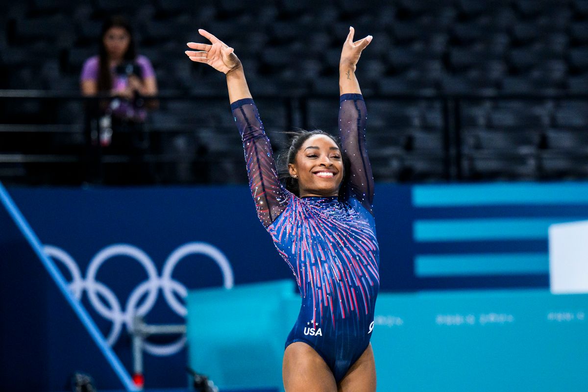 Simone Biles of Team United States smiles during a Gymnastics training session ahead of the Paris 2024 Olympics Games on July 25, 2024, in Paris, France. (Photo by Tom Weller/VOIGT/GettyImages)