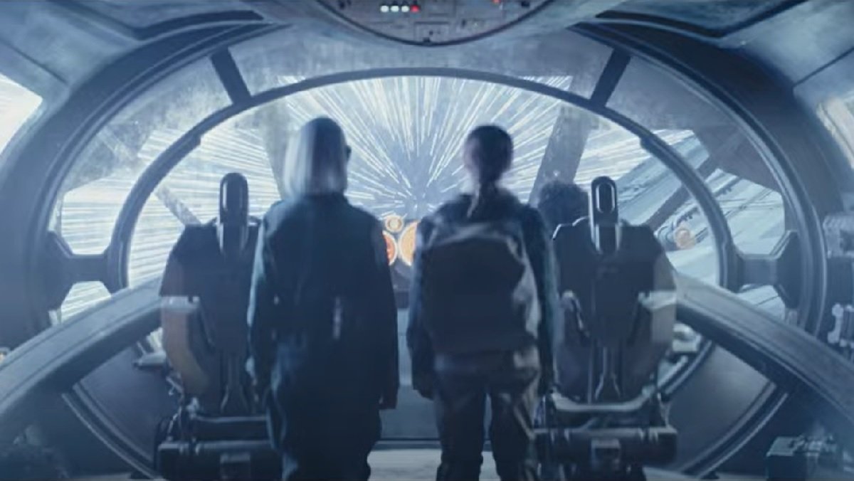 The kids of Star Wars Skeleton Crew look out a cockpit very like the Millennium Falcon.