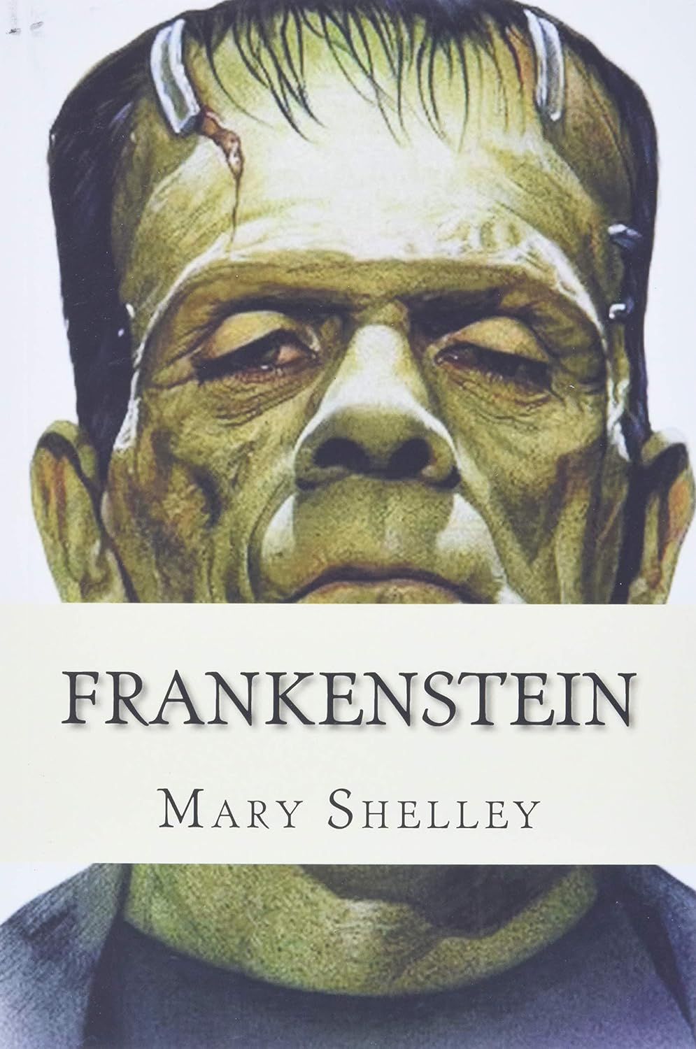 The cover of Frankenstein by Mary Shelley, with the picture of the monster behind the title 