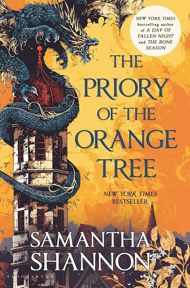 The Priory of the Orange Tree cover which features an orange background with a dragon wrapped around a tower