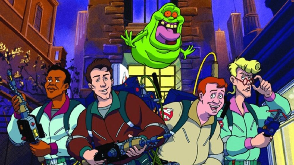 A tableau of The Real Ghostbusters animated series with all four guys and Slimer flying above them