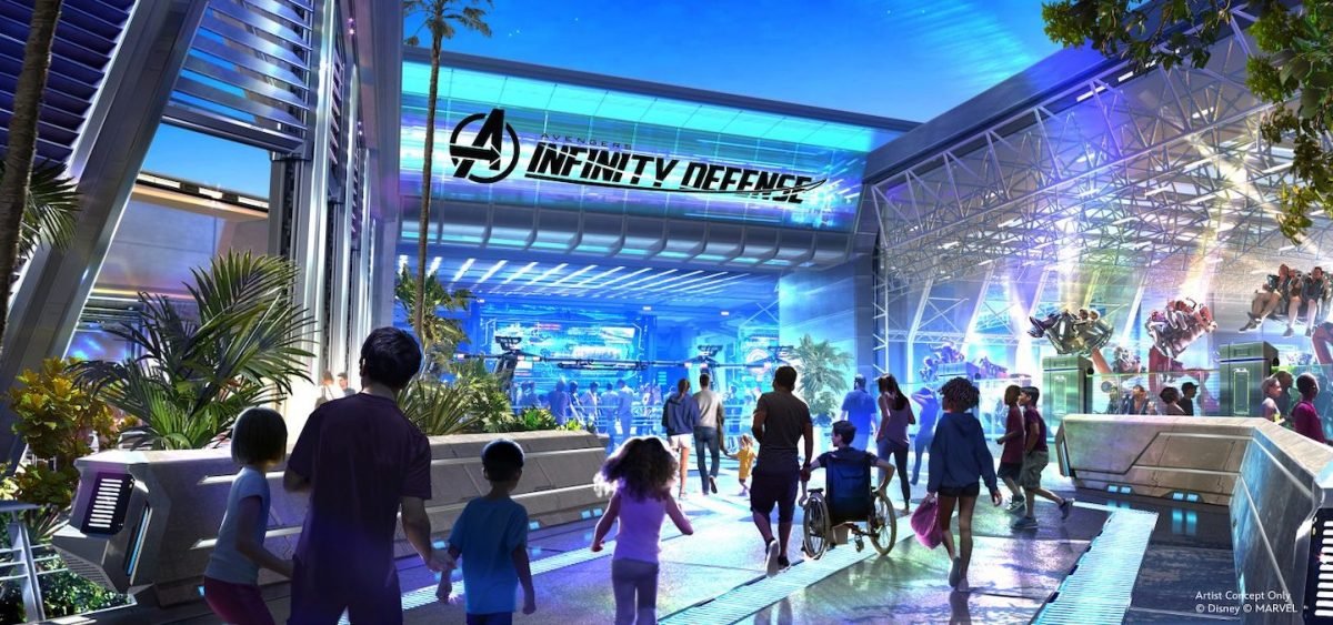 Concept art for the entrance to Avengers Infinity Defense