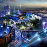 Concept art at dusk for the expanded Avengers Campus at Disney California Adventure