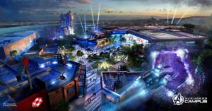 Concept art at dusk for the expanded Avengers Campus at Disney California Adventure