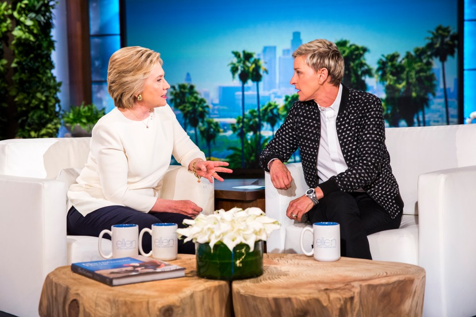 American politician Hillary Clinton (L) talks with Ellen DeGeneres during a taping of The Ellen DeGeneres Show, May 24, 2016 in Burbank, California