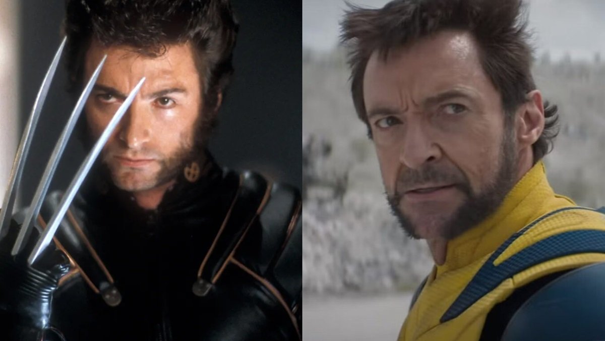 Hugh Jackman as Wolverine in 2000's X-Men and 2024's Deadpool & Wolverine.