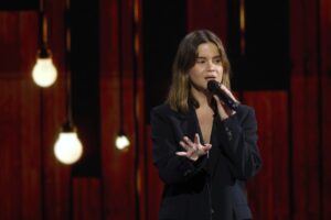 Singer Maren Morris takes part in stage testing ahead of the start of the third day of the Democratic National Convention in Chicago, Illinois.