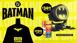 AMC's Bat-signal popcorn bucket and commemorative drink cup.