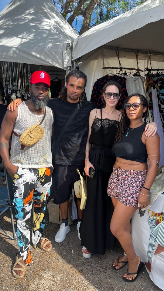 Jolie Troy Oraine Williamson, Akala, Angelina Jolie, and Chanelle Newman at the Calabash Literary Festival in Jamaica in May 2024