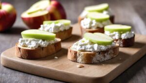 small pieces of toast with ricotta cheese and apples on a wood cutting board