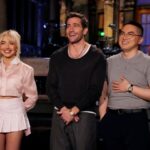 Bowen Yang (on right) with musical guest Sabrina Carpenter and guest host Jake Gyllenhaal on "Saturday Night Live" in May.