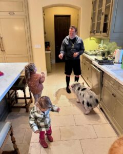 Arnold Schwarzenegger is seen feeding a pig in the middle of his kitchen surrounded by his daughter, Katherine, and Chris Pratt's two daughers