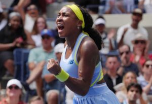 Coco Gauff celebrates winning at TOPSHOT-TENNIS-USA-OPEN