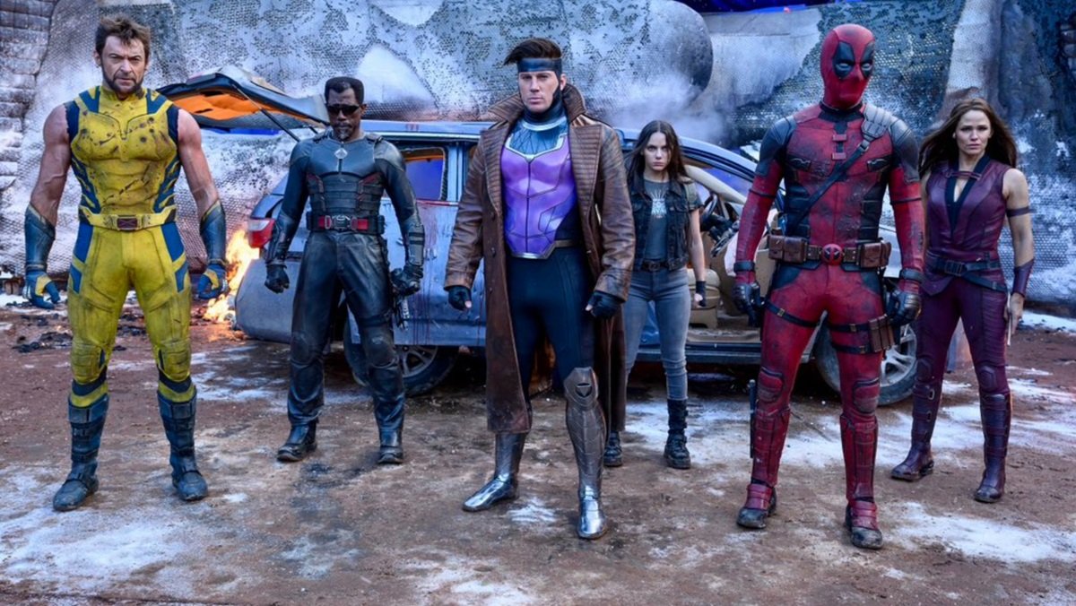 (From L to R) Hugh Jackman as Wolverine, Wesley Snipes as Blade, Channing Tatum as Gambit, Dafne Keen as X-23, Ryan Reynolds as Deadpool, and Jennifer Garner as Elektra in Deadpool & Wolverine.
