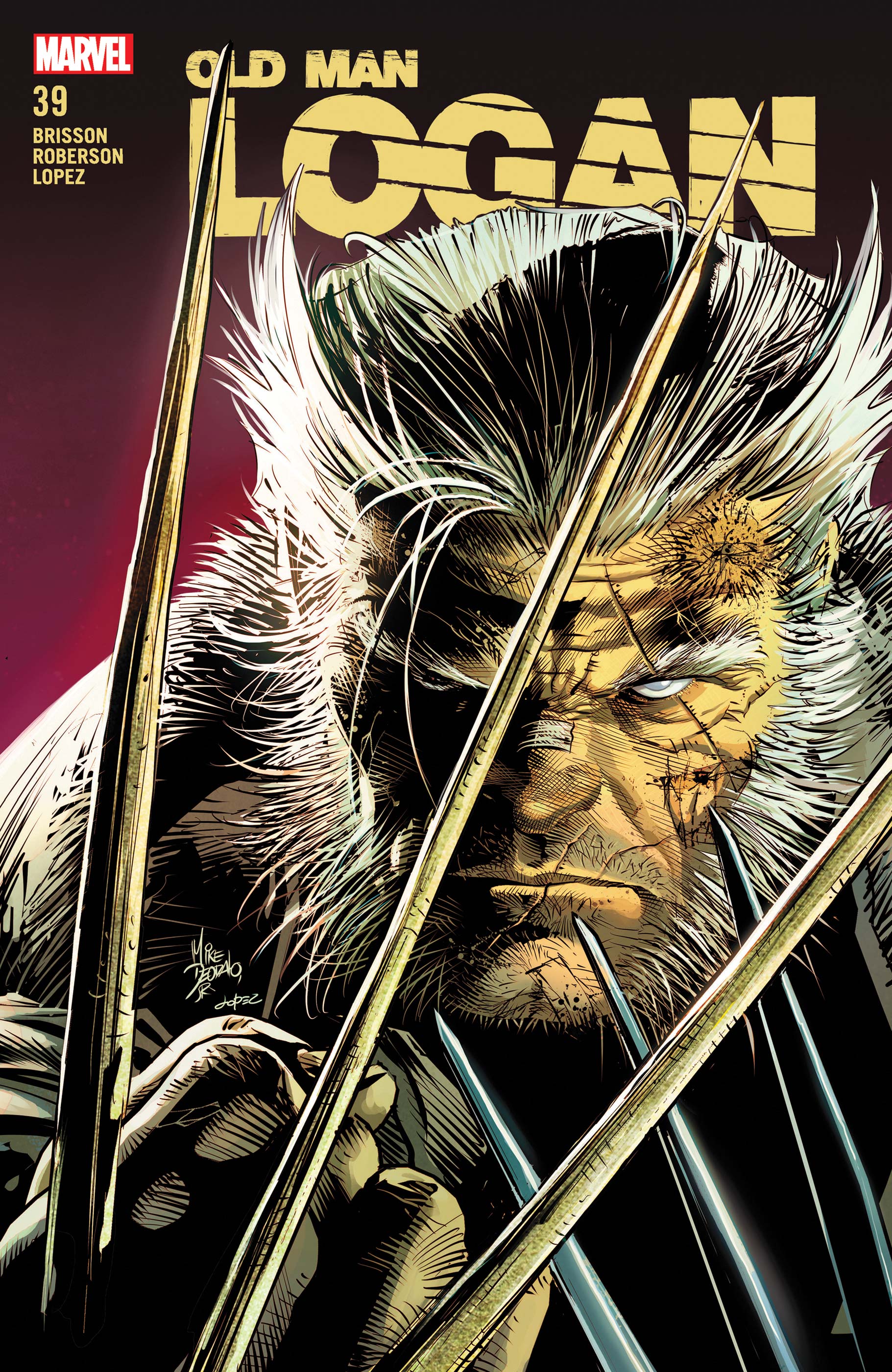 The cover of Marvel Comics’ Old Man Logan #39, with a closeup on a white-haired, glowering Logan, claws extended in front of his face