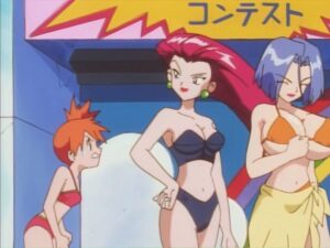An anime woman with orange hair staring at an anime woman with long maroon hair in a purple bikini and a short haired anime man with large breasts in an orange bikini in Pokémon.