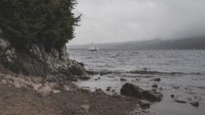 Loch Ness with some boats and fog