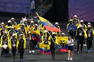 Ecuador's delegation arrives during the Parade of Nations as part of the Paris 2024 Paralympic Games Opening Ceremony