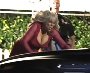 Freakier Friday star Jamie Lee Curtis was seen performing her own dangerous stunt in a pink bodycon dress and long grey wig on the film's set in Los Angeles